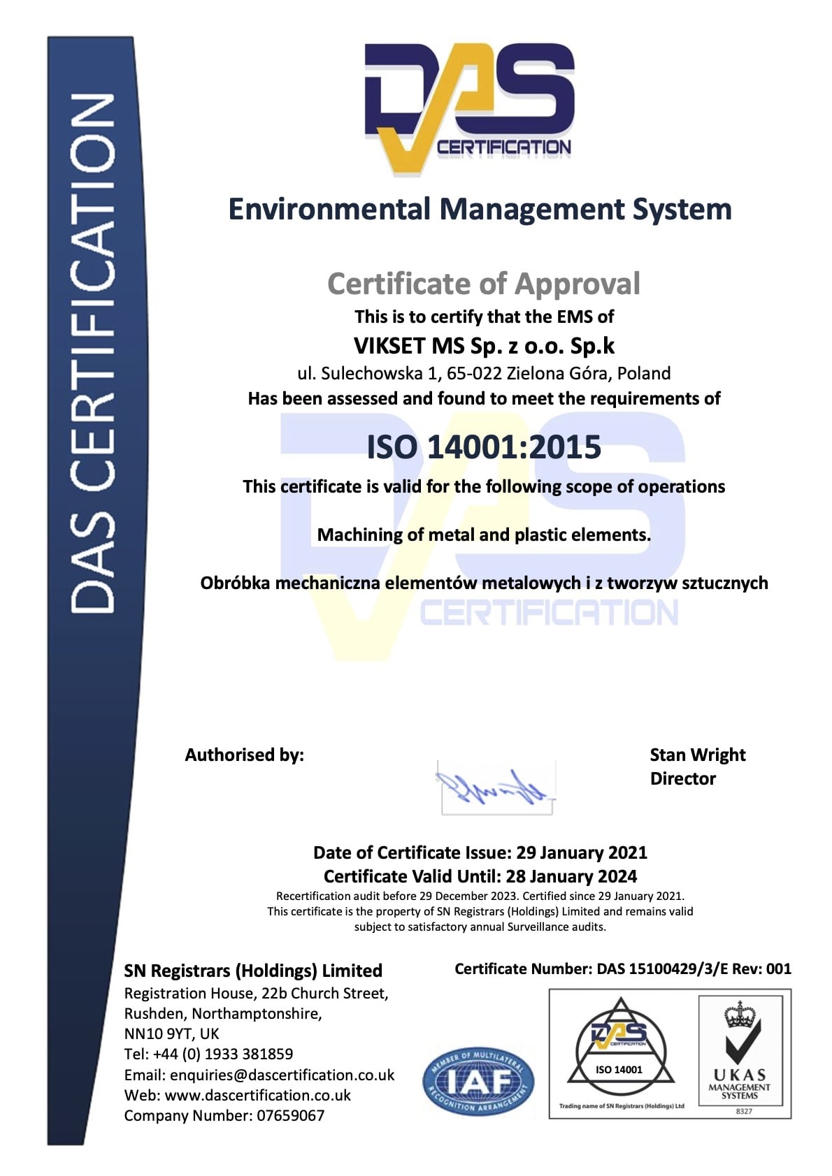 Certificate ISO 14001:2015